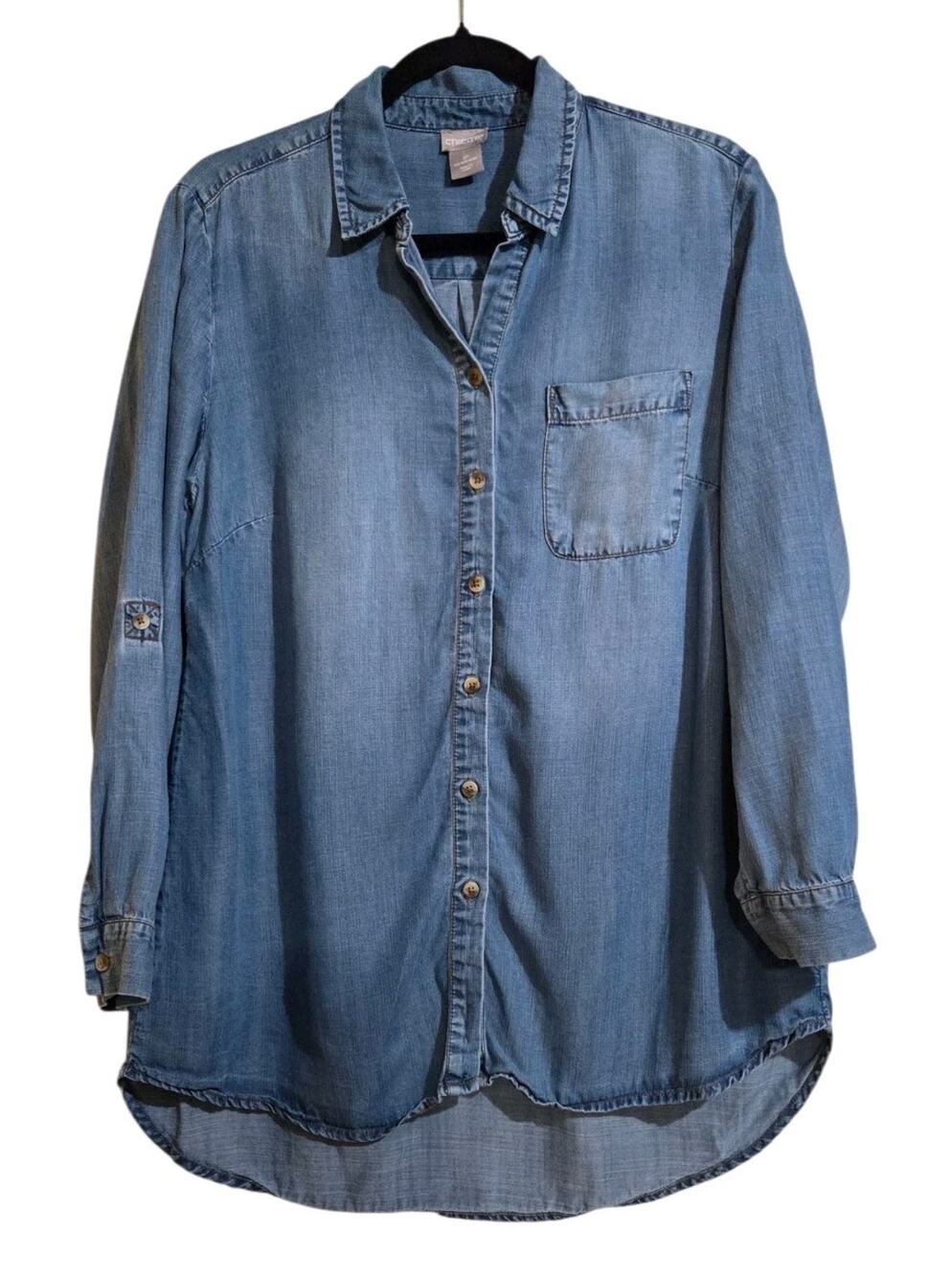Chicos Chambray Button Up Top Women's M Size 1P Blue Tencel Casual Tab Sleeves
